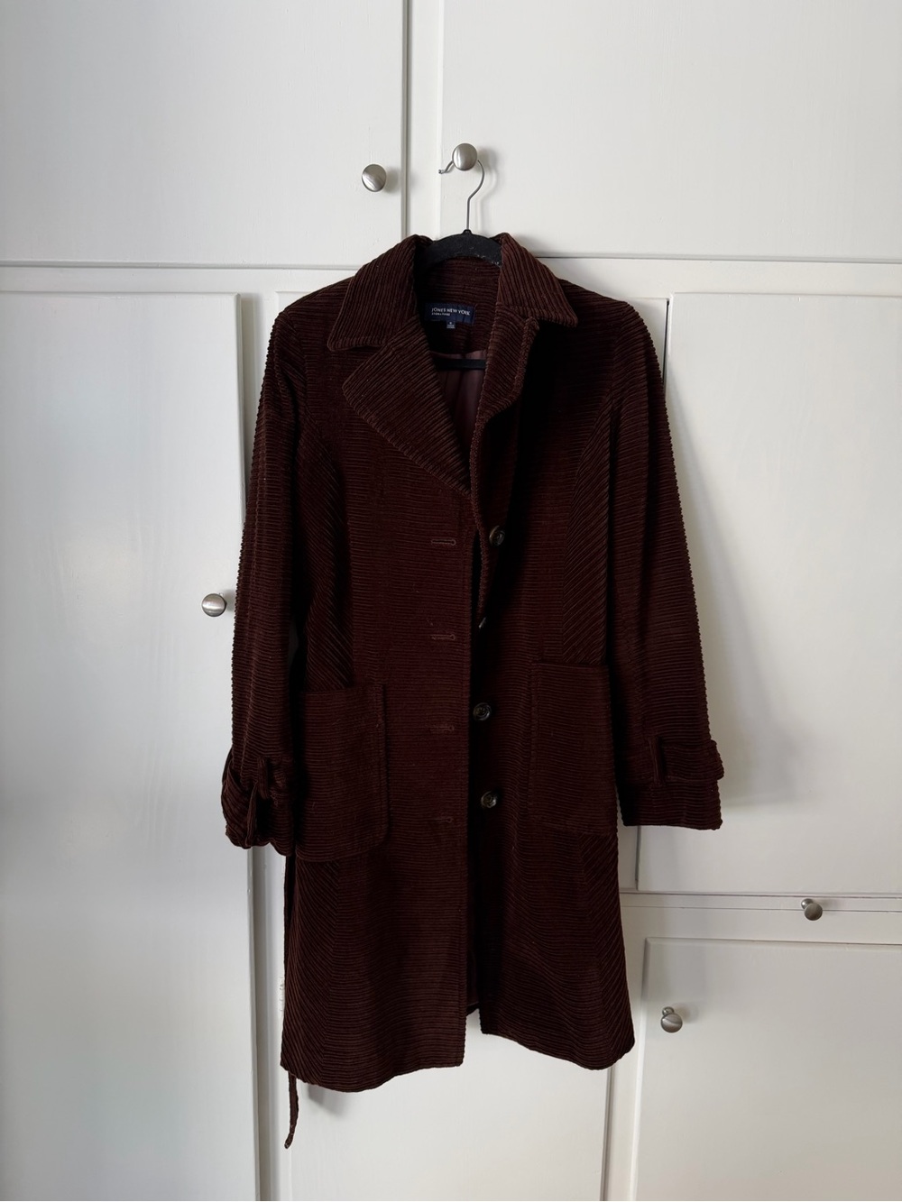 Jones New York Corduroy Belted Midi Pea Coat in Brown - Picture 1 of 5